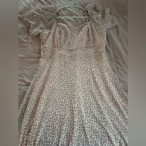 Nina Leonard Cream and Gray Patterned Midi Dress